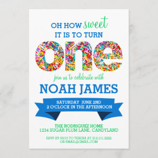 Süßigkeits-Thema-besprüht 1. Geburtstags-Party Einladung