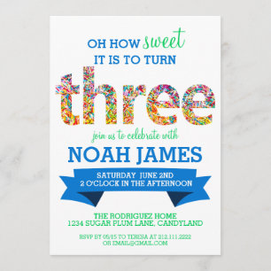 Süßigkeits-Thema-besprüht 3. Geburtstags-Party Einladung