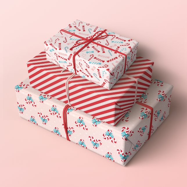 Süßkartoffeln und weihnachtliche Bonbons Geschenkpapier Set (Set of 3 Christmas Candy, Candy Canes and Stripes Patterns in Pastel Pink, Blue and Red)