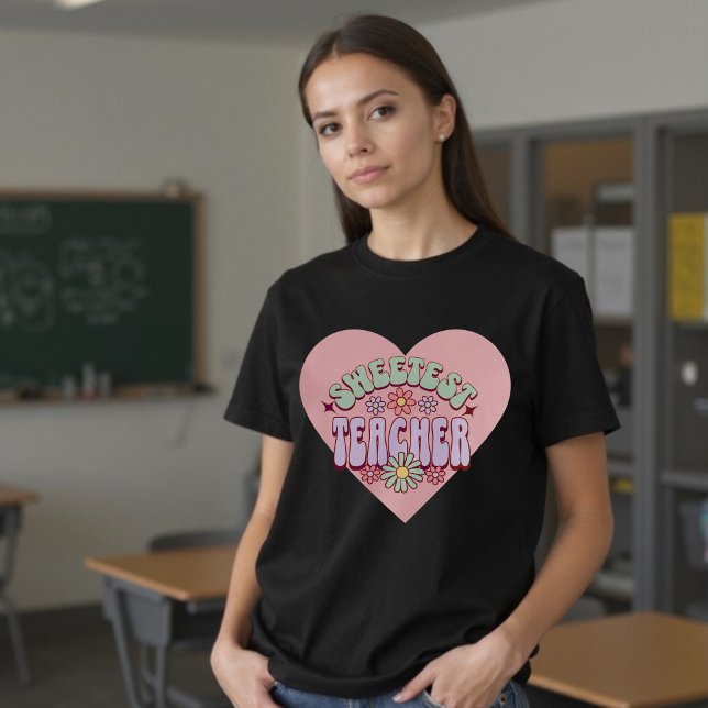 Süßster Lehrer Retro Blume Valentine Herz T-Shirt (Sweetest Teacher Retro Flower Valentine Heart T-Shirt)