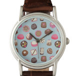 Süßwaren mit Schokolade Armbanduhr<br><div class="desc">Köstliche Schokolade- und Süßigkeiten-Muster auf einem fruchtig-blauen Hintergrund,  voller süßer Leckereien und Versuchungen! Diese hier hat aber keine Kalorien.</div>