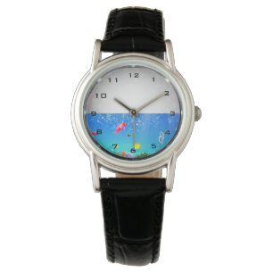 Süßwasser Fisch Aquarium Frauen schwarzes Leder Armbanduhr