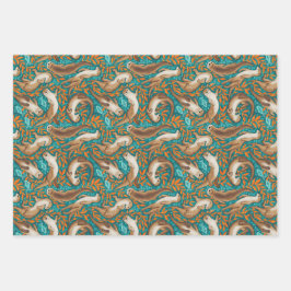 Süßwasserschwimmer in Aquamarin und Orange Gouache Geschenkpapier Set