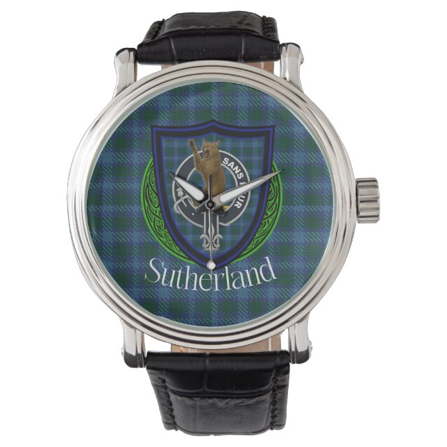 Sutherland Scottish Clan Tartan & Crest Armbanduhr (Vorderseite)