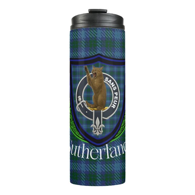 Sutherland Scottish Clan Tartan & Crest Thermosbecher (Vorderseite)