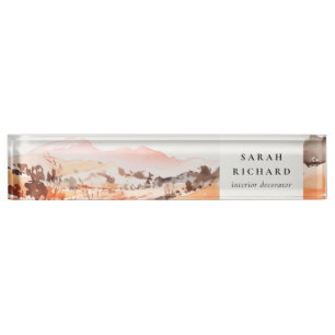 Sutle Blush Orange Aquarell-Wälder Berg Namensplakette