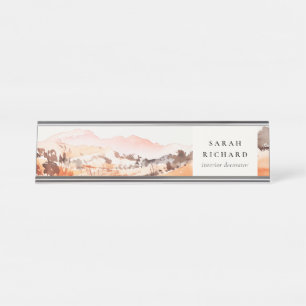 Sutle Blush Orange Aquarell-Wälder Berg Schreibtischnamensplakette