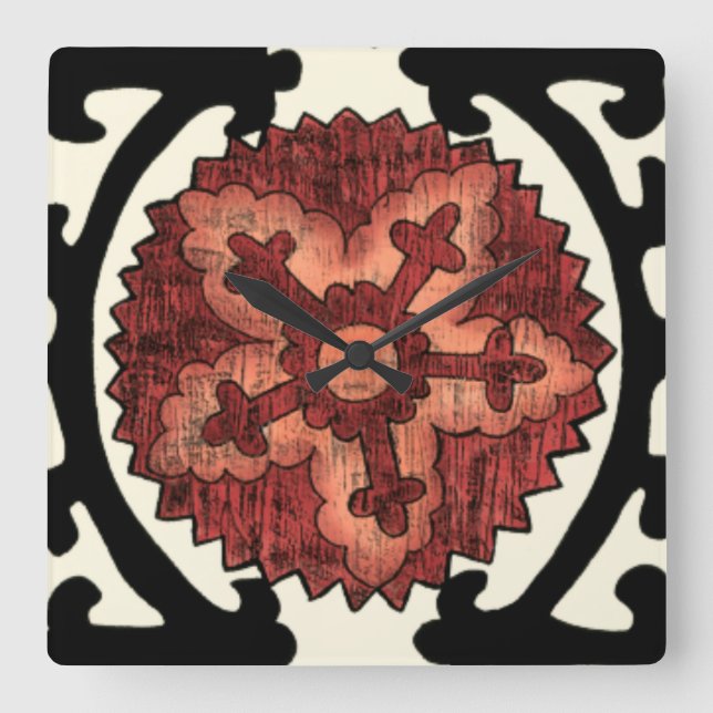 Suzani Art-dekoratives Blumenmuster Quadratische Wanduhr (Vorderseite)