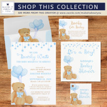 Cute Teddy Bear Blue Heart Balloons Baby Shower