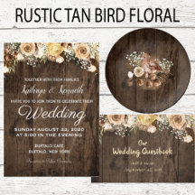Rustic Tan Bird Floral on Wood Wedding Suite