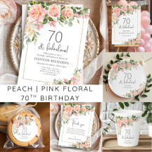 Peach   Pink Rose Floral 70th Birthday
