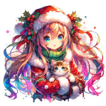 Anime Girl in Santa Hat with Kittens and Puppies