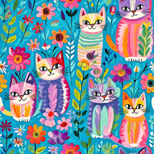 Whimsical Cute Colorful Folk Art Cats and Flowers
