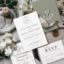 Simple Vintage Floral Crest Monogram Wedding Suite