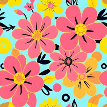 Pink & Yellow Blossoms on Sky Blue- Dopamine Style