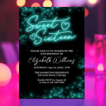 Sweet 16 Birthday Teal Neon Glow Dark Party