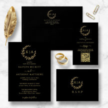 Elegant Black And Gold Monogram Wreath Wedding