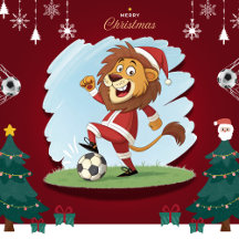 Lion in Christmas costume and soccer ball