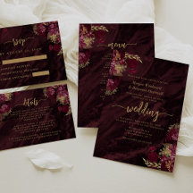 Burgundy Red Gold Floral Script Wedding Suite