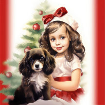 Little Vintage Girl With Puppy Christmas