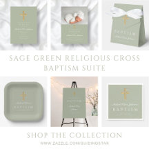 Elegant Sage Green Cross Baptism Invitation Suite