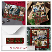 Merry Christmas gold script red plaid holiday card