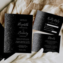 Black Silver Glitter Edge Whimsical Script Wedding