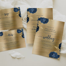 Glam Navy Blue Floral Gold Brushed Metal Wedding