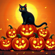 Halloween Art: A Black Cat Perched on a Pumpkins