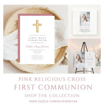 Modern Pink Religious Cross Girl First Communion