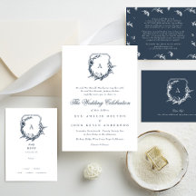 Navy Blue Monogram Leafy Crest Wedding Collection