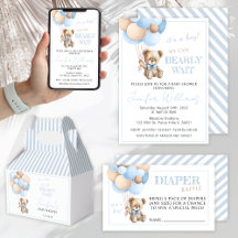 Blue teddy bear holding balloons baby shower