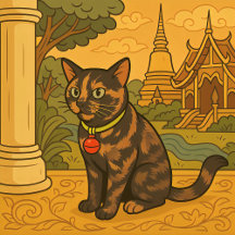 A cat is standing in front of the Temple in Siam.