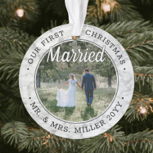 Newlyweds First Christmas Marble Wedding Ornaments