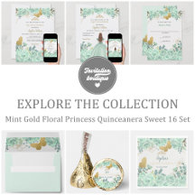 Mint Gold Floral Princess Quinceanera Sweet 16 Set
