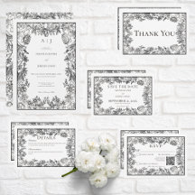 Black and White Vintage Floral Wedding Suite Cards