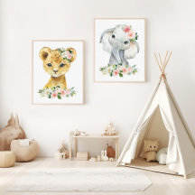 Jungle Animals, Pink Flowers Nursery Prints