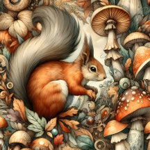 Squirrel and Mushrooms Fall Whimsical Forest