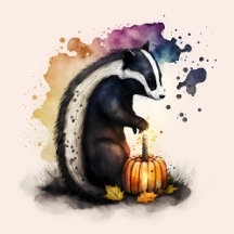 Halloween Watercolor Skunk and Pumpkin