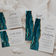Agate Teal Blue Gold Modern Script Wedding Suite