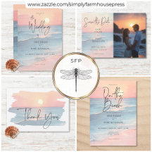 Modern Ocean Sunset Watercolor Beach Wedding