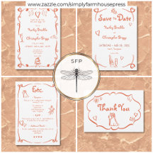 Whimsical Retro Hand Drawn Sunset Orange Wedding
