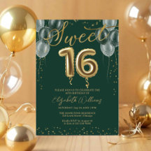 Emerald Green Gold Foil Sweet 16 Bday Balloons