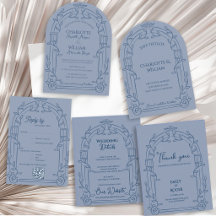 Dusty Blue Ornate Arch Botanical Wedding Suite