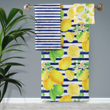 Pretty Watercolor Lemons on Blue Stripes