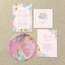 Pink & Gold Tropical Leaves Pool Party Birthday