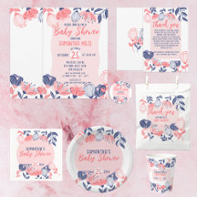 Cute Blue and Pink Flowers Botanical Baby Shower