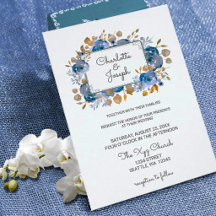 Blue Gold Watercolor Floral Wedding Invitations