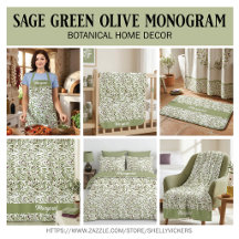Sage Green Olive Monogram Botanical  Home Decor