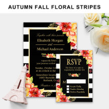Invitation Suite: Autumn Floral Black White Stripe